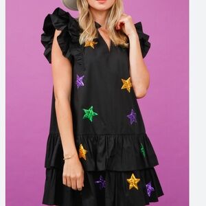 Mardi Gras Sequin Star Poplin  Ruffle Dress Size Small NWT